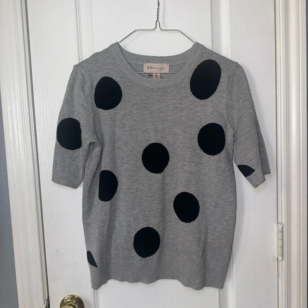 philosophy Women’s Grey With Black Polk Dots Sweater Size Small Rayon‎ And Nylon